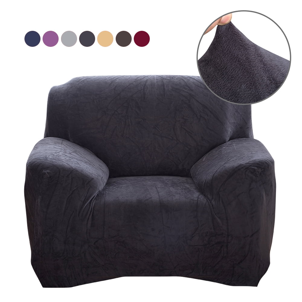 CJC Plush Sofa Covers Stretch Solid Thick Slipcover for 1-Seater Velvet Easy Fit Non-Slip Furniture, Dark Gray