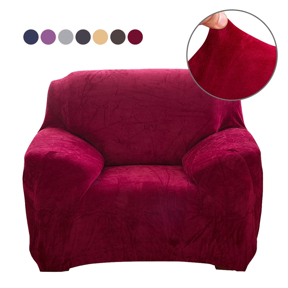 CJC Plush Sofa Covers Stretch Solid Thick Slipcover for 1-Seater Velvet Easy Fit Non-Slip Furniture, Wine Red