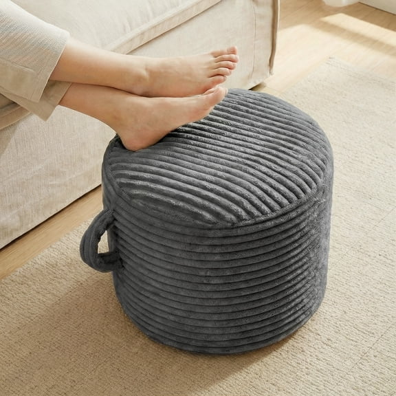 CJC Round Stuffed Pouf Ottoman, Corduroy Poufs with Foam Chunk Filling, 20 x 14 Inch Floor Poufs Foot Rest for Living Room Bedroom Home Decor (Dark Grey)