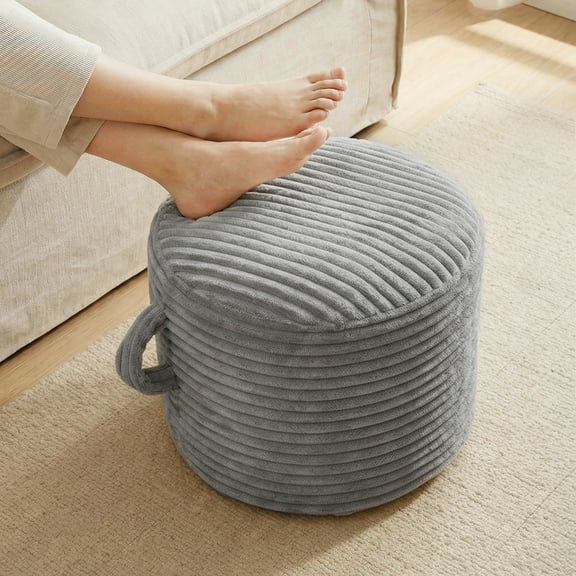 CJC Round Stuffed Pouf Ottoman, Corduroy Poufs with Foam Chunk Filling, 20 x 14 Inch Floor Poufs Foot Rest for Living Room Bedroom Home Decor (Grey)