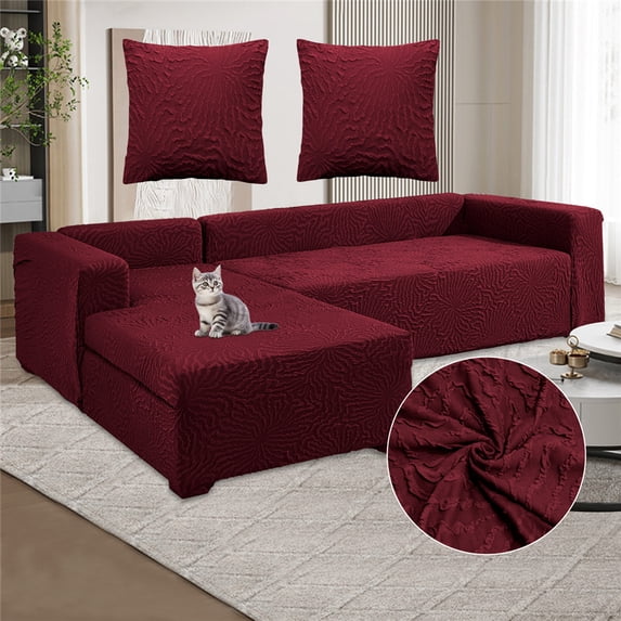 CJC Sectional Couch Covers Stretch L Shape Sofa Covers with Elastic Bottom, 2pcs Sofa Slipcovers for 3 + 4 Seater Sectional Chaise Slipcover (Wine Red)