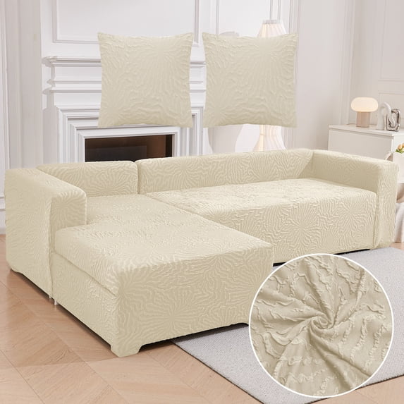 CJC Sectional Couch Covers Stretch L Shape Sofa Covers with Elastic Bottom, 2pcs Sofa Slipcovers for 3 + 4 Seater Sectional Chaise Slipcover (Beige)