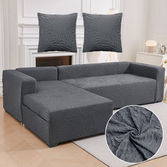 CJC Sectional Couch Covers Stretch L Shape Sofa Covers with Elastic Bottom, 2pcs Sofa Slipcovers for 3 + 4 Seater Sectional Chaise Slipcover (Gray)
