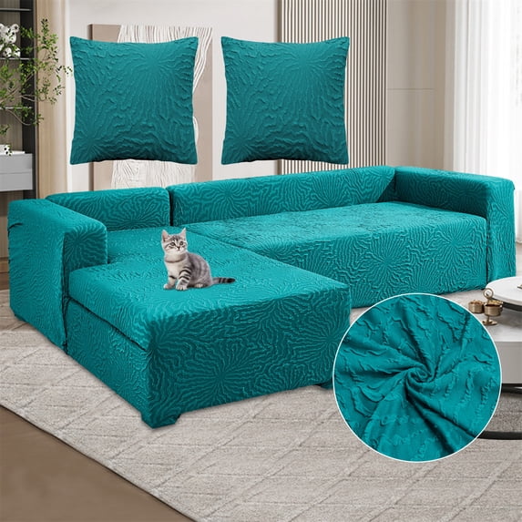CJC Sectional Couch Covers Stretch L Shape Sofa Covers with Elastic Bottom, 2pcs Sofa Slipcovers for 3 + 4 Seater Sectional Chaise Slipcover (Green)