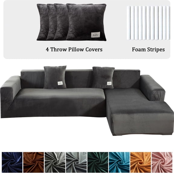 CJC Sectional Couch Covers, Velvet Stretch L Shape Sofa Covers, 2pcs Sofa Slipcovers for 3 + 4 Seaters Sectional Chaise Slipcover for Pets Kids, Dark Grey
