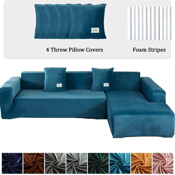 CJC Sectional Couch Covers, Velvet Stretch L Shape Sofa Covers, 2pcs Sofa Slipcovers for 3 + 4 Seaters Sectional Chaise Slipcover for Pets Kids, Lake Blue