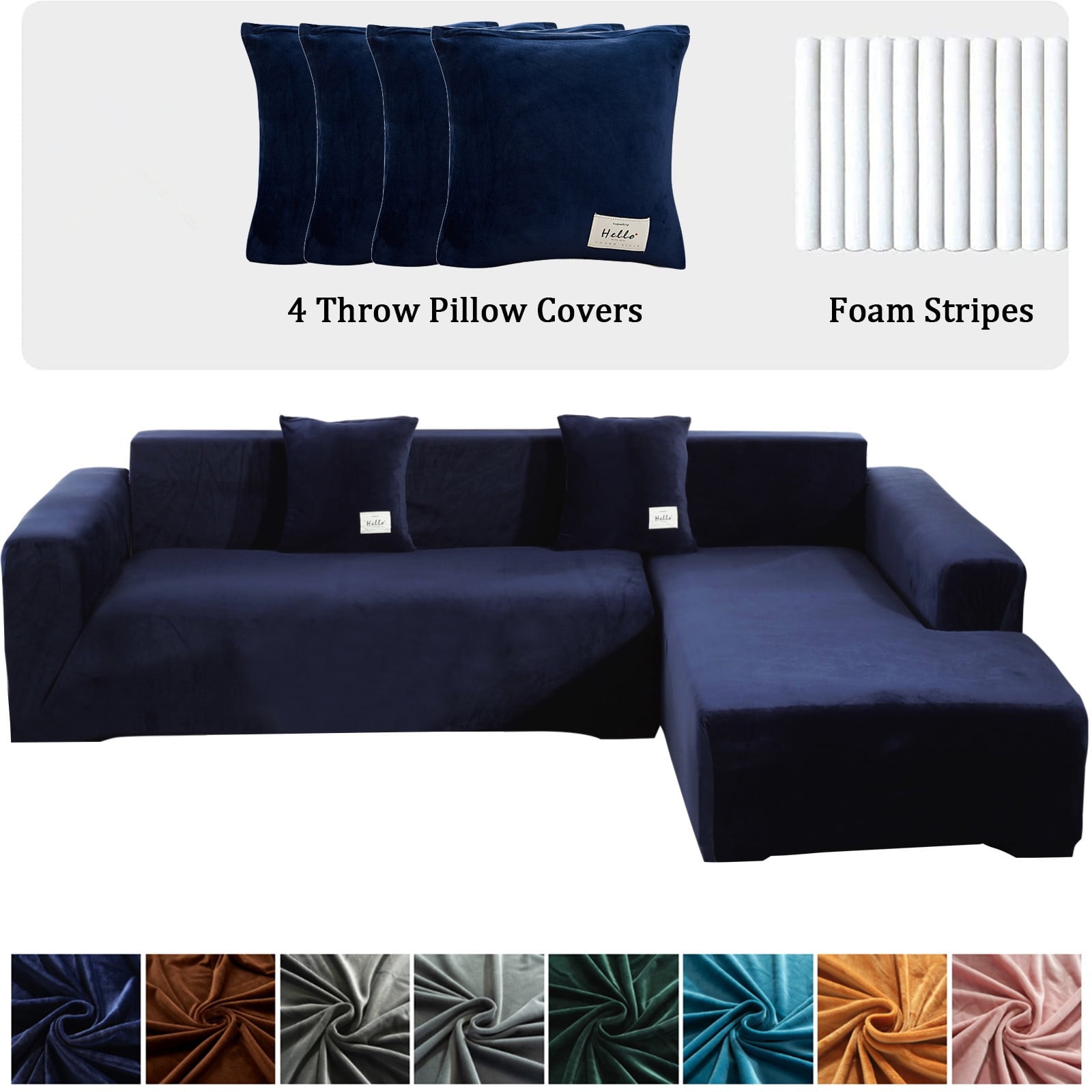 CJC Sectional Couch Covers, Velvet Stretch L Shape Sofa Covers, 2pcs Sofa Slipcovers for 3 + 4 Seaters Sectional Chaise Slipcover for Pets Kids, Navy Blue