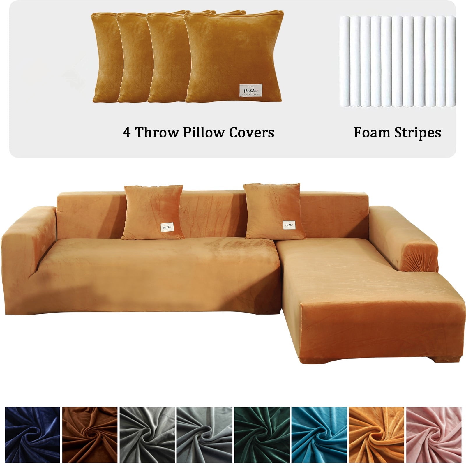 CJC Sectional Couch Covers, Velvet Stretch L Shape Sofa Covers, 2pcs Sofa Slipcovers for 3 + 4 Seaters Sectional Chaise Slipcover for Pets Kids, Orange