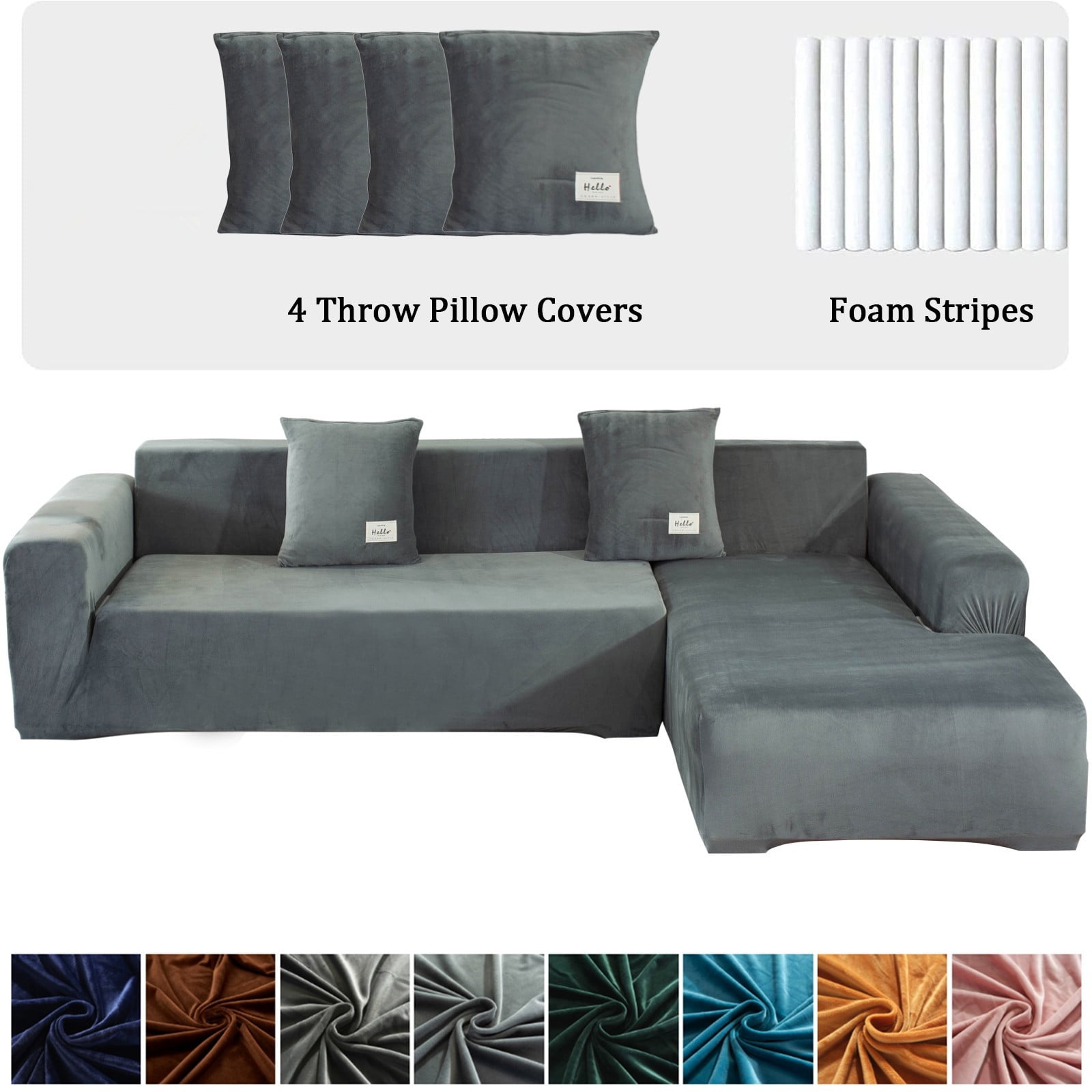 CJC Sectional Couch Covers, Velvet Stretch L Shape Sofa Covers, 2pcs Sofa Slipcovers for 3 + 4 Seaters Sectional Chaise Slipcover for Pets Kids, Grey