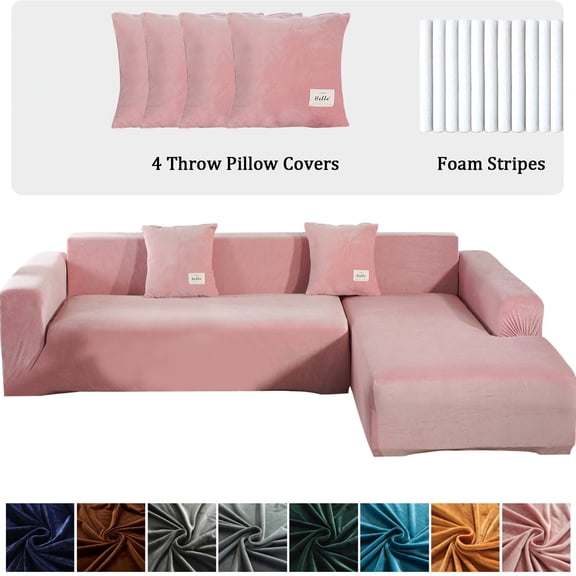 CJC Sectional Couch Covers, Velvet Stretch L Shape Sofa Covers, 2pcs Sofa Slipcovers for 3 + 4 Seaters Sectional Chaise Slipcover for Pets Kids, Pink
