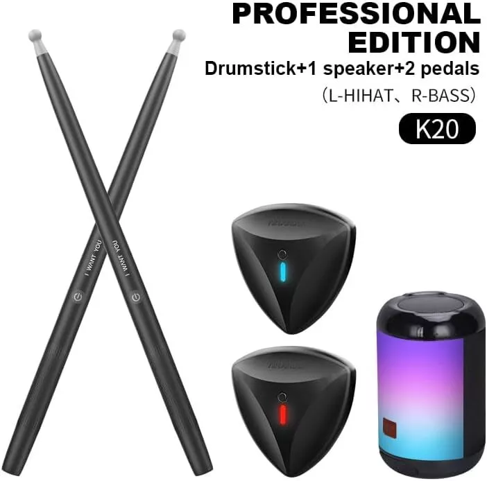 CJC Smart Virtual Air Drum Set Electric Air Drum Sticks with Drumsticks Pedals Bluetooth Speaker for Adults Kids