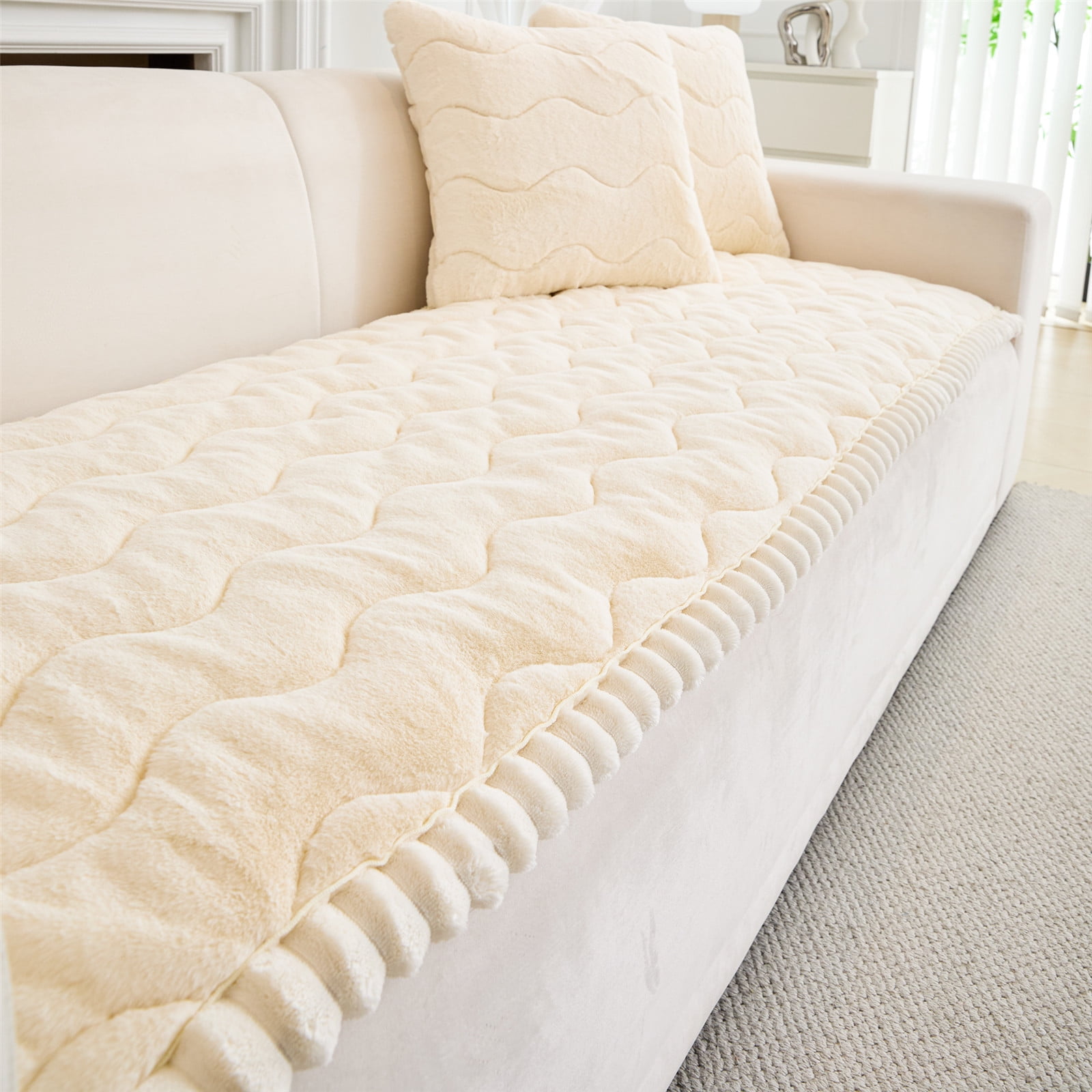 CJC Sofa Cover Fuzzy Couch Cover for Pets Dog Cat Washable Non-Slip Sofa Slipcover Cushion Protector Pets Friendly Mat (Beige, 28'' x 59'')
