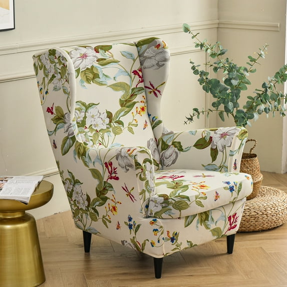 CJC Stretch Non-Slip Polyester Wing Chair Slipcover, Beige Floral