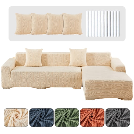 CJC Stretch Sectional Couch Covers - 2 pcs Spandex Sofa Covers with Elastic Bottom for L Shape Corner Sofa Furniture Protector (Beige, 3 Seat + 3 Seat)