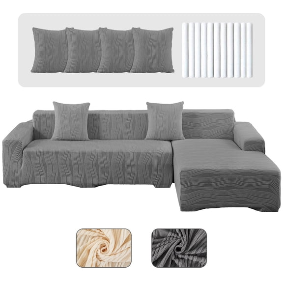 CJC Stretch Sectional Couch Covers - 2 pcs Spandex Sofa Covers with Elastic Bottom for L Shape Corner Sofa Furniture Protector (Dark Gray, 3 Seat + 4 Seat)