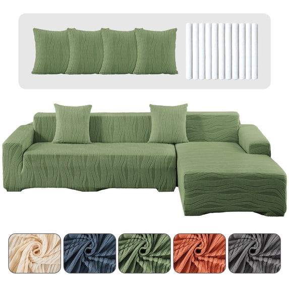 CJC Stretch Sectional Couch Covers - 2 pcs Spandex Sofa Covers with Elastic Bottom for L Shape Corner Sofa Furniture Protector (Green, 3 Seat + 4 Seat)