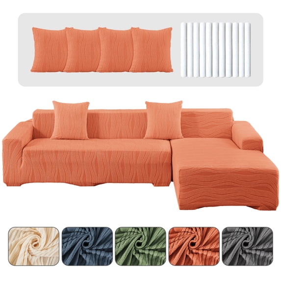 CJC Stretch Sectional Couch Covers - 2 pcs Spandex Sofa Covers with Elastic Bottom for L Shape Corner Sofa Furniture Protector (Orange, 3 Seat + 4 Seat)