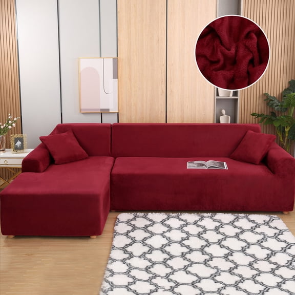 CJC Stretch Sofa Covers, Thick Velvet Sofa Couch Slipcovers, 2 Pieces L-Shaped Sectional Sofa Covers for 3 + 3 Seaters, Softness Corner Couch Cover, 9 Colors
