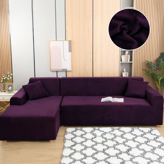 CJC Stretch Sofa Covers, Thick Velvet Sofa Couch Slipcovers, 2 Pieces L-Shaped Sectional Sofa Covers for 3 + 3 Seaters, Softness Corner Couch Cover, 9 Colors