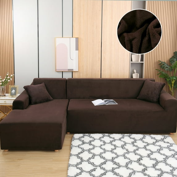 CJC Stretch Sofa Covers, Thick Velvet Sofa Couch Slipcovers, 2 Pieces L-Shaped Sectional Sofa Covers for 3 + 3 Seaters, Softness Corner Couch Cover, 9 Colors