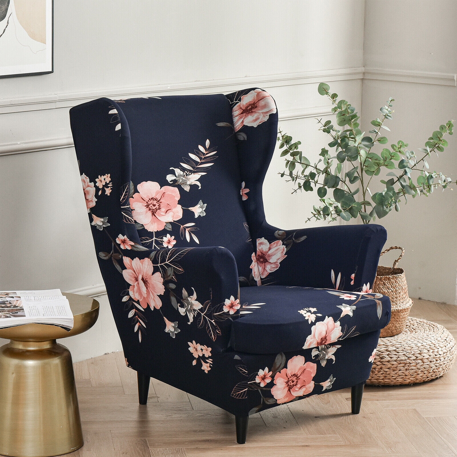 CJC Stretch Wing Chair Cover Floral Wingback Sofa Covers Elastic