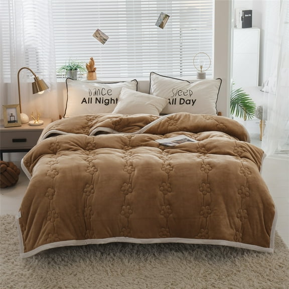 CJC Throw Blankets for Bed Couch, Soft Warm 3 Layers Flannel Fleece Twin Blanket for Winter Autumn, Lightweight Fuzzy Flannel Comforter (Camel, 79'' x 91'')