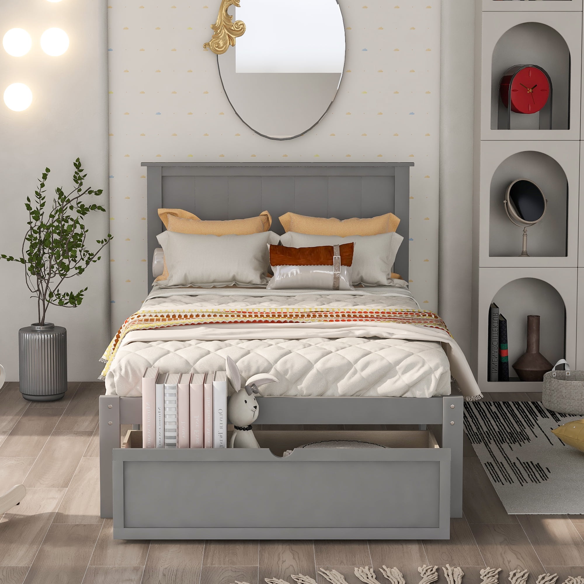 CJC Twin Size Platform Bed Frame with Storage Drawer, No Box