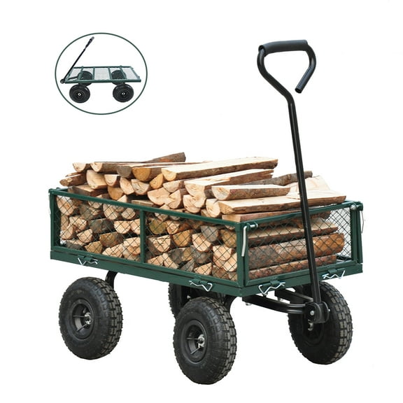 CJC Utility Garden Cart Wagon for Lawn Yard, 550lb Weight Capacity, Removable Sides, Long Handle, 10" Tires - Green