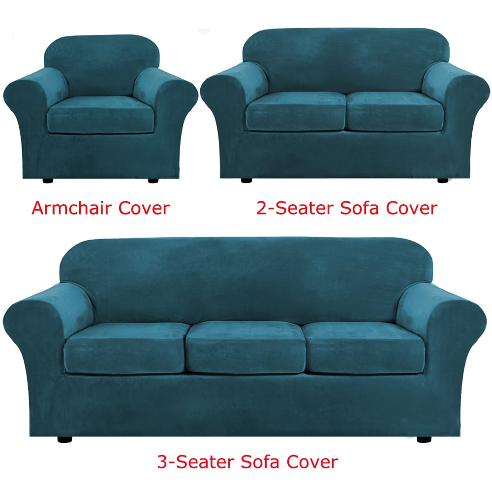 CJC Velvet Plush Sofa Covers Stretch Couch Covers with Separate Cushion Cover (Blue, 2-Seater Sofa)