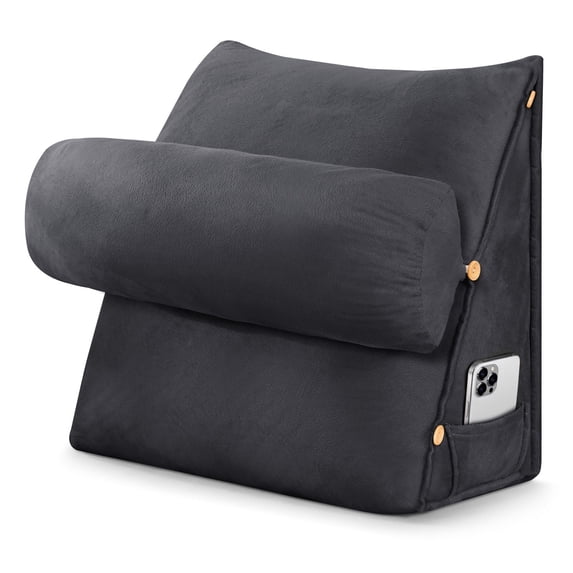 CJC Velvet Soft Triangular Wedge Pillow with Side Pocket, 3 in 1 Adjustable Bed Reading Pillow Bedrest Lumbar Neck Back Support Cushion, Gray Black