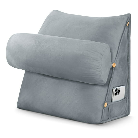 CJC Velvet Soft Triangular Wedge Pillow with Side Pocket, 3 in 1 Adjustable Bed Reading Pillow Bedrest Lumbar Neck Back Support Cushion, Gray