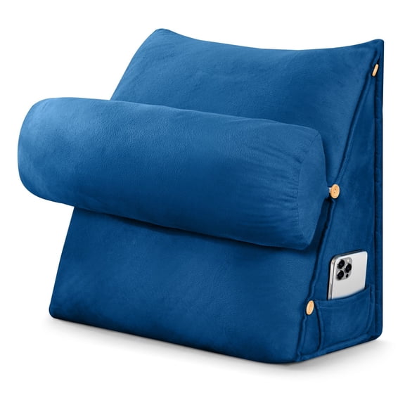 CJC Velvet Soft Triangular Wedge Pillow with Side Pocket, 3 in 1 Adjustable Bed Reading Pillow Bedrest Lumbar Neck Back Support Cushion, Navy Blue