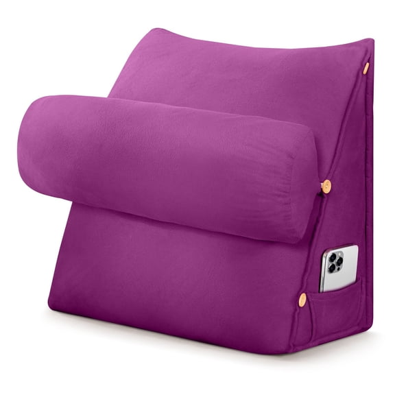 CJC Velvet Soft Triangular Wedge Pillow with Side Pocket, 3 in 1 Adjustable Bed Reading Pillow Bedrest Lumbar Neck Back Support Cushion, Purple