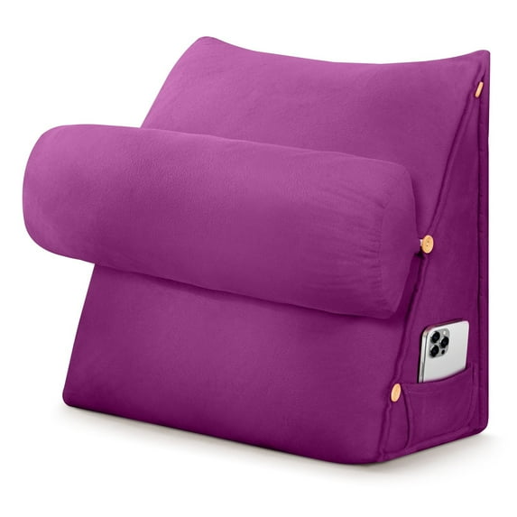 CJC Velvet Soft Triangular Wedge Pillow with Side Pocket, 3 in 1 Adjustable Bed Reading Pillow Bedrest Lumbar Neck Back Support Cushion, Purple