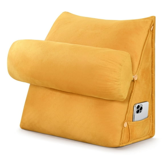 CJC Velvet Soft Triangular Wedge Pillow with Side Pocket, 3 in 1 Adjustable Bed Reading Pillow Bedrest Lumbar Neck Back Support Cushion, Yellow