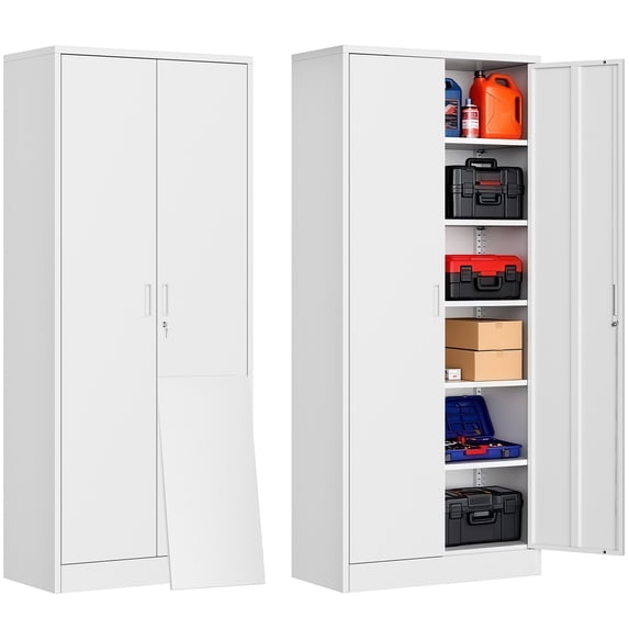 CJF 72-Inch Tall Metal Garage Cabinet with 4 Adjustable Shelves, White, 1 Count.