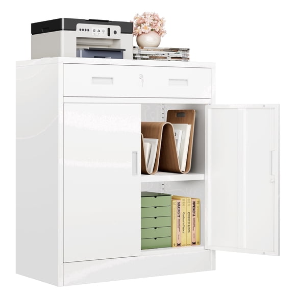 CJF Metal Storage Cabinet, 36" H Locking Storage Cabinet with 1 Drawers and Adjustable Shelf, Steel Cabinets for Office, Garage, Home (White)