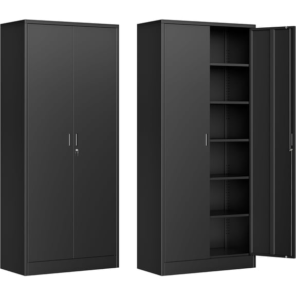 CJF Metal Storage Cabinet, 71" H Locking Cabinet with 5 Adjustable Shelves for Garage, Classroom, School, Home, Office, Pantry-Black