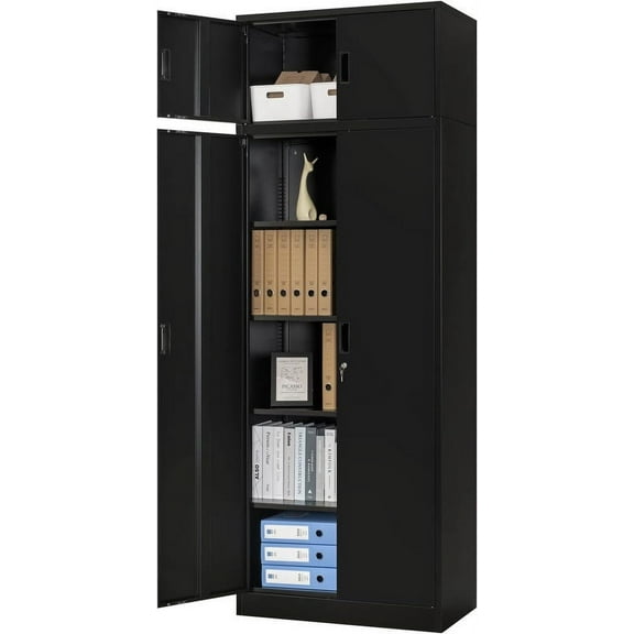 CJF Metal Storage Cabinet - 87“H Black Tall Steel Cabinet with Adjustable Shelves & Top Cabinet - Garage Storage Cabinet for Office, Garage, Home (Black)
