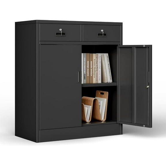 CJF Metal Storage Cabinet, Locking Cabinet with Adjustable Shelf and 2 Drawers, Metal Cabinets for Office, Home, Garage 36" H x 32" W x 16" D (Black)