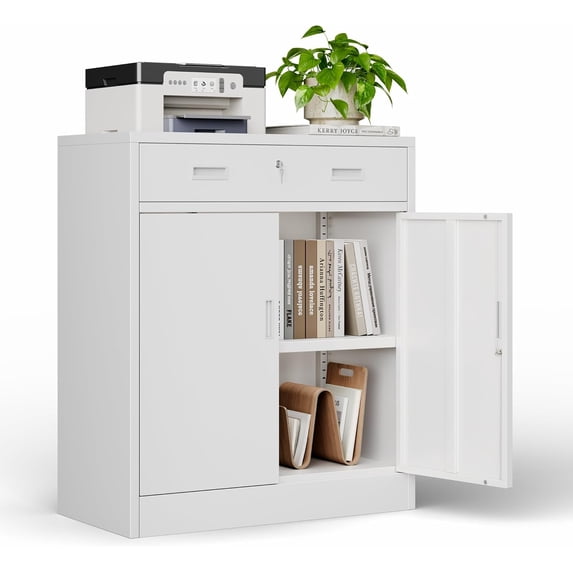 CJF Metal Storage Cabinet, Locking Storage Cabinet with Doors and 1 Drawer, 36" H x 28" W x 16" D Metal Cabinets for Office/Home/Garage -White