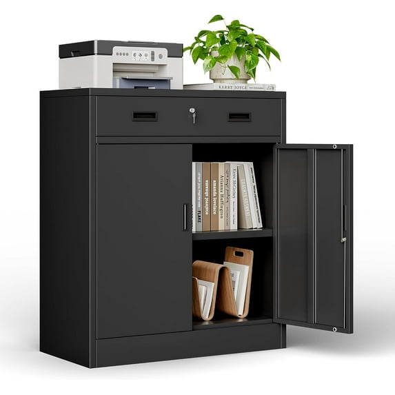 CJF Metal Storage Cabinet, Locking Storage Cabinet with Doors and 1 Drawer, Metal Cabinets for Office/Home/Garage 36.2" H x 28" W x 15.7" D (Black)