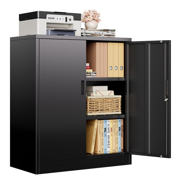 CJF Metal Storage Cabinet, Steel Locking Storage Cabinet with 2 Shelves for Home, Office, Garage, Utility Room and Basement, 36.2" H x 31.5" W x 15.7" D (Black)