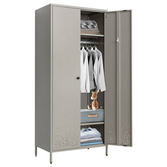 CJF Metal Storage Wardrobe Cabinet Metal Wardrobe Armoire Closet with Adjustable Hanging Rod for Bedroom, Laundry Room (Gray)