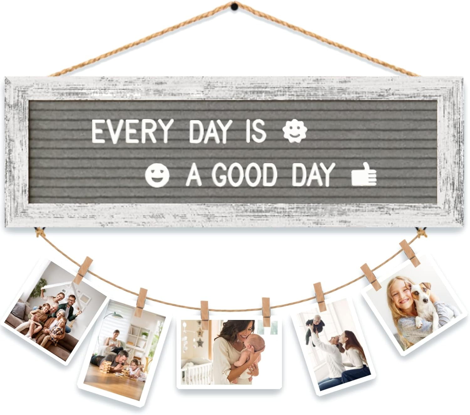 CJIAWYS Picture Frames Hanging Display Wooden Board, Felt Letter Board with 340 Letters and 15 Clips, Photo Frames Collage Wall Decor for Family Birthday Christmas Party Gifts
