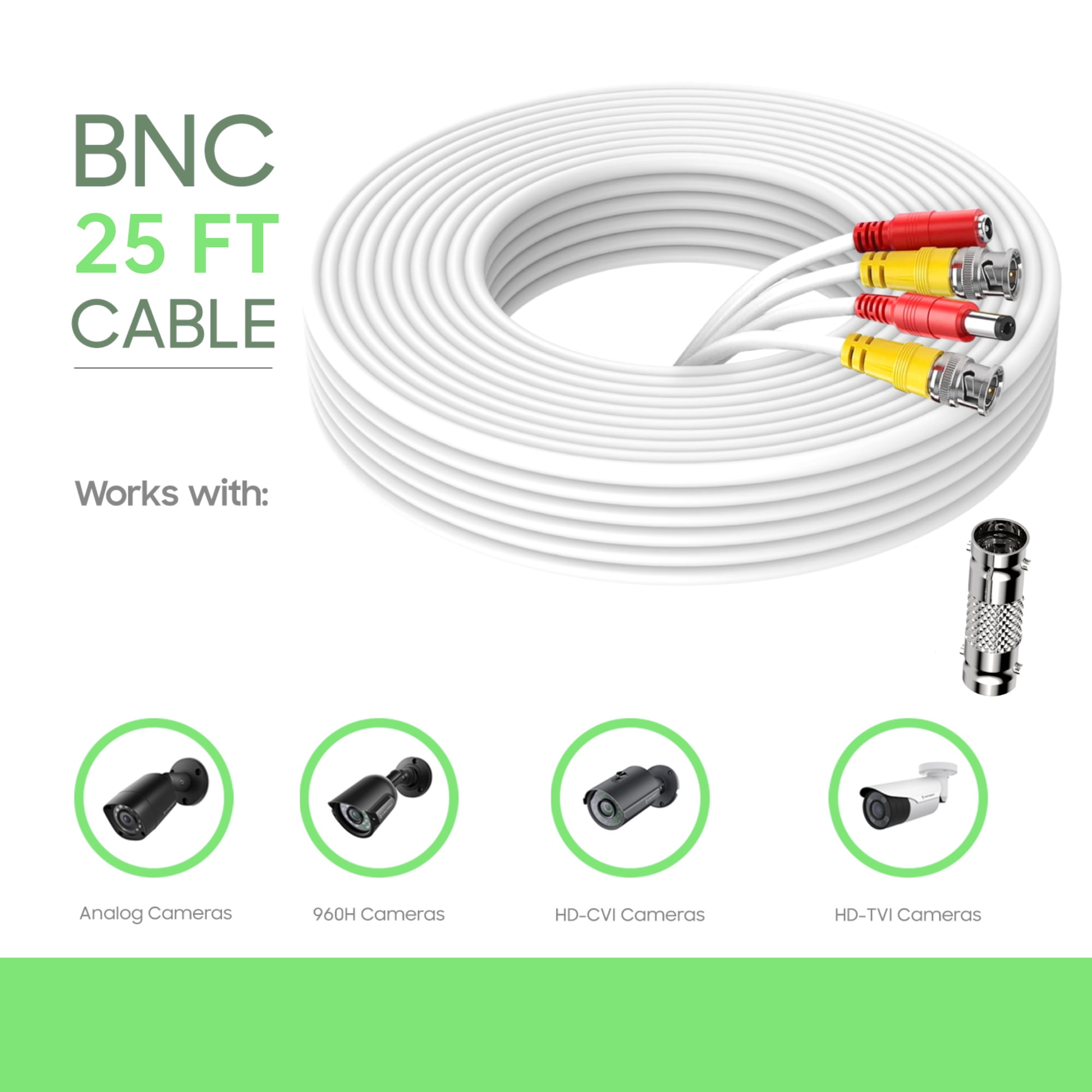 CJPGeek 25FT White BNC Camera Cable,Excellent Ductility Extension