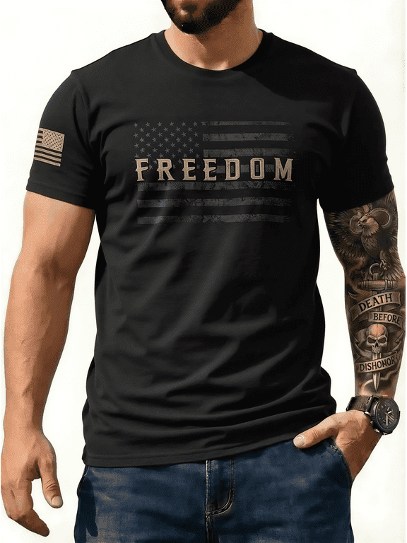 Men's Distressed Freedom T Shirt, Faded USA Flag Graphic Short Sleeve Top-Black,L