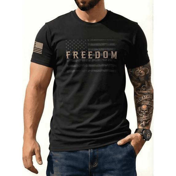 CJQCJQ Men's Distressed Freedom T Shirt, Faded USA Flag Graphic Short Sleeve Top-Black,XL