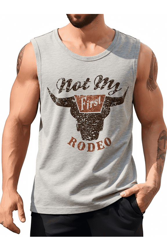 Not My First Rodeo Bull Skull sleeveless shirts for men, Western Country Style Summer Top-Grey,2XL