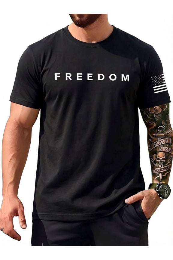 Simple Freedom Text Black Tee with Sleeve Flag, Casual shirts for men Top-Black,2XL